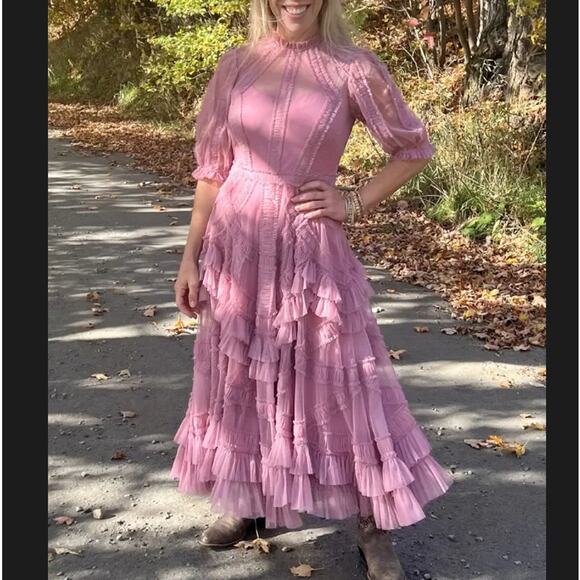 Mac Duggal Pink Mesh Tiered Ruffle Midi Dress SIZE 8 Romantic Designer $700 - Picture 5 of 13